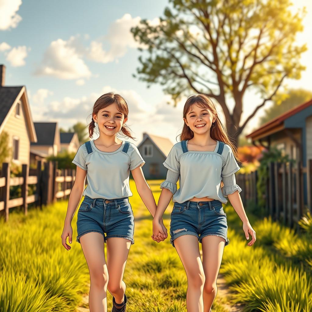 A photo realistic scene capturing two girls walking hand in hand through a picturesque rural neighborhood