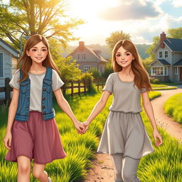 A photo realistic scene capturing two girls walking hand in hand through a picturesque rural neighborhood