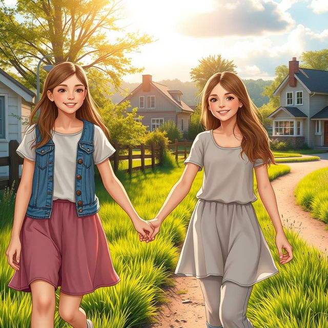 A photo realistic scene capturing two girls walking hand in hand through a picturesque rural neighborhood