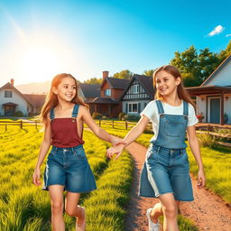 A photo realistic scene capturing two girls walking hand in hand through a picturesque rural neighborhood