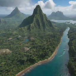 Generate an image of Isla Nublar, a fictional tropical island known from the Jurassic Park series, showcasing its lush greenery, majestic dinosaurs, and monorail.