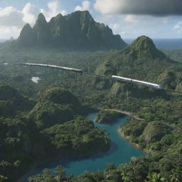 Generate an image of Isla Nublar, a fictional tropical island known from the Jurassic Park series, showcasing its lush greenery, majestic dinosaurs, and monorail.