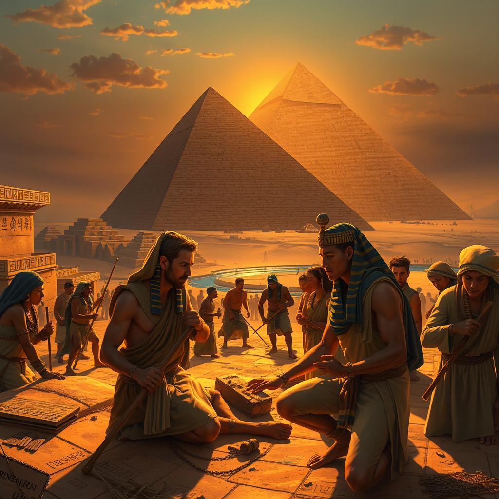 An imaginative depiction of ancient Egyptians constructing the pyramids, with a diverse group of skilled workers, including men and women, using primitive tools