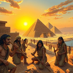 An imaginative depiction of ancient Egyptians constructing the pyramids, with a diverse group of skilled workers, including men and women, using primitive tools