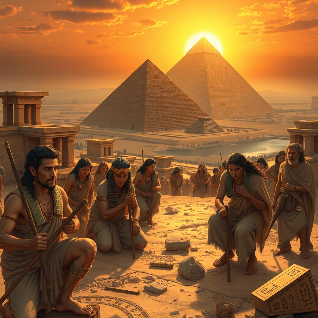 An imaginative depiction of ancient Egyptians constructing the pyramids, with a diverse group of skilled workers, including men and women, using primitive tools