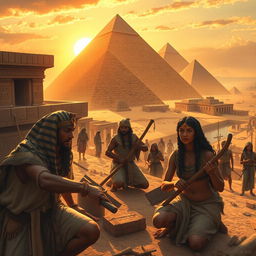 An imaginative depiction of ancient Egyptians constructing the pyramids, with a diverse group of skilled workers, including men and women, using primitive tools