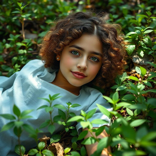 A digital photo of a 17-year-old girl with curly, light brown hair and fair skin, wearing a hospital patient gown, laying on the forest floor amidst foliage