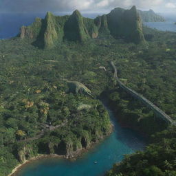 Generate an image of Isla Nublar, a fictional tropical island known from the Jurassic Park series, showcasing its lush greenery, majestic dinosaurs, and monorail.