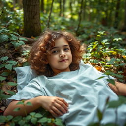 A digital photo of a 17-year-old girl with curly, light brown hair and fair skin, wearing a hospital patient gown, laying on the forest floor amidst foliage