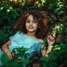 A digital photo of a 17-year-old girl with curly, light brown hair and fair skin, wearing a hospital patient gown, laying on the forest floor amidst foliage