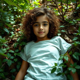 A digital photo of a 17-year-old girl with curly, light brown hair and fair skin, wearing a hospital patient gown, laying on the forest floor amidst foliage