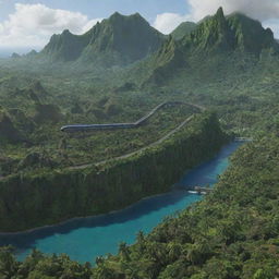 Generate an image of Isla Nublar, a fictional tropical island known from the Jurassic Park series, showcasing its lush greenery, majestic dinosaurs, and monorail.