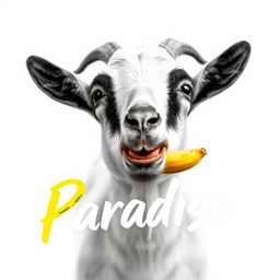 A goat eating a banana, positioned facing front with a clear view