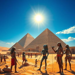 Extraterrestrials assisting in the construction of the Egyptian pyramids with pharaohs supervising the work