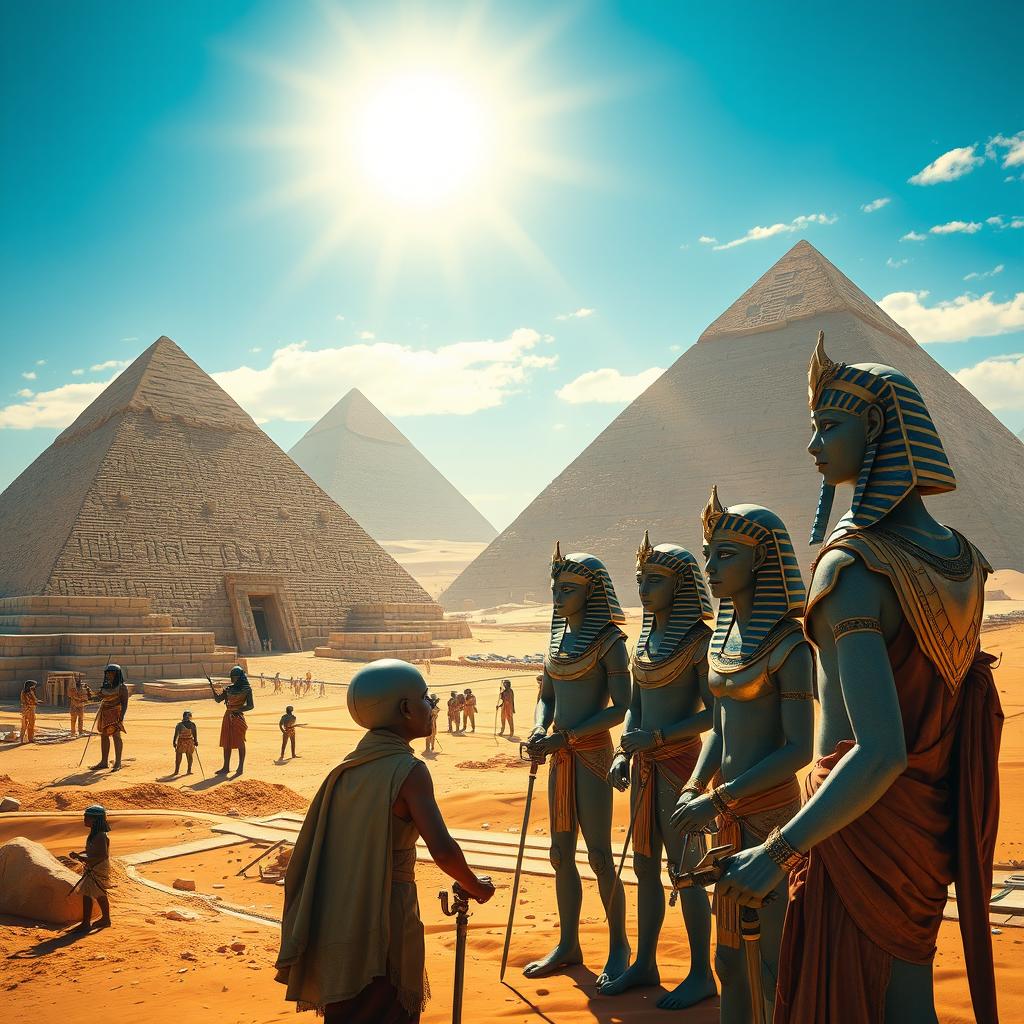 Extraterrestrials assisting in the construction of the Egyptian pyramids with pharaohs supervising the work