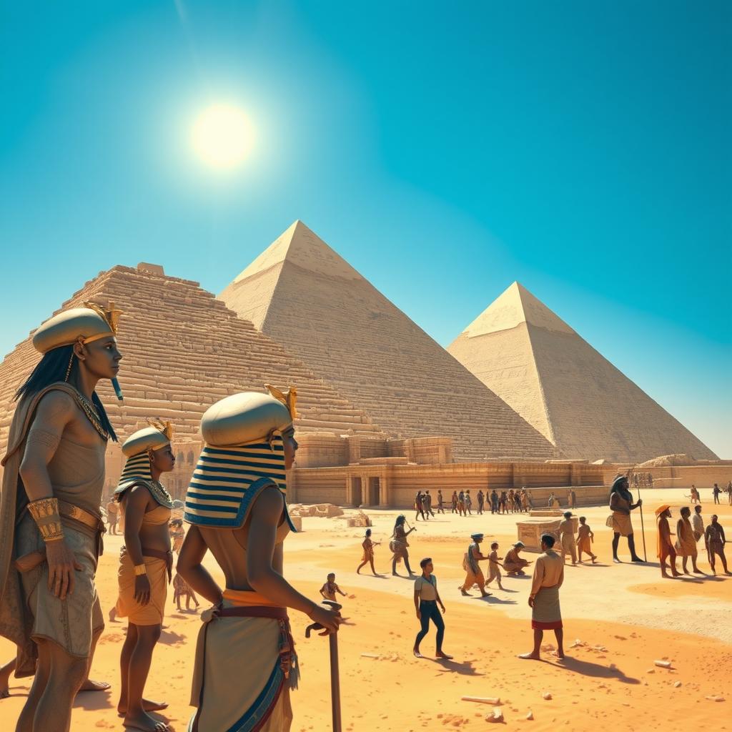 Extraterrestrials assisting in the construction of the Egyptian pyramids with pharaohs supervising the work