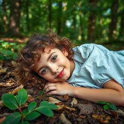 A digital photo of a 17-year-old girl with curly, light brown hair and fair skin, wearing a hospital patient gown, lying on the forest floor surrounded by leaves and dirt