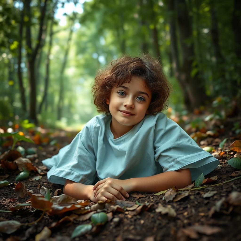 A digital photo of a 17-year-old girl with curly, light brown hair and fair skin, wearing a hospital patient gown, lying on the forest floor surrounded by leaves and dirt