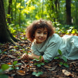 A digital photo of a 17-year-old girl with curly, light brown hair and fair skin, wearing a hospital patient gown, lying on the forest floor surrounded by leaves and dirt