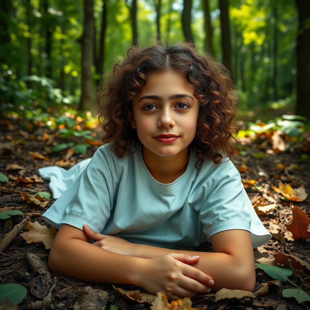 A digital photo of a 17-year-old girl with curly, light brown hair and fair skin, wearing a hospital patient gown, lying on the forest floor surrounded by leaves and dirt