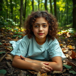 A digital photo of a 17-year-old girl with curly, light brown hair and fair skin, wearing a hospital patient gown, lying on the forest floor surrounded by leaves and dirt