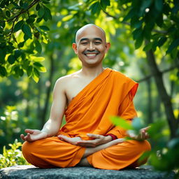 A serene monk meditating with a large, joyful smile, surrounded by a tranquil nature setting