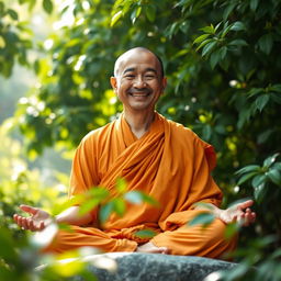 A serene monk meditating with a large, joyful smile, surrounded by a tranquil nature setting