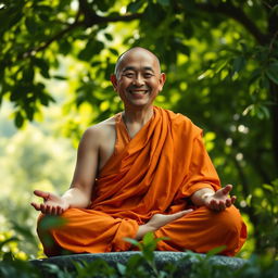 A serene monk meditating with a large, joyful smile, surrounded by a tranquil nature setting