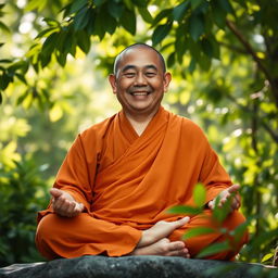 A serene monk meditating with a large, joyful smile, surrounded by a tranquil nature setting