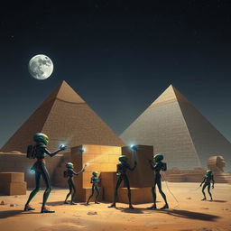 A scene depicting extraterrestrial beings constructing the majestic pyramids of Egypt under a starry night sky