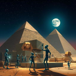 A scene depicting extraterrestrial beings constructing the majestic pyramids of Egypt under a starry night sky