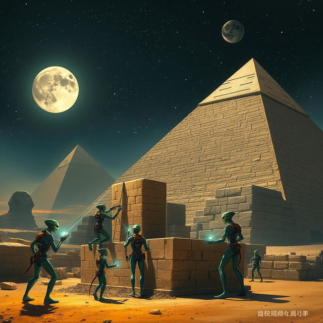 A scene depicting extraterrestrial beings constructing the majestic pyramids of Egypt under a starry night sky