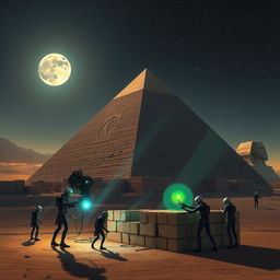 A scene depicting extraterrestrial beings constructing the majestic pyramids of Egypt under a starry night sky