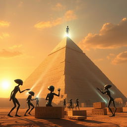 A group of extraterrestrial beings, with unique and vibrant features, working together to construct a massive pyramid in ancient Egypt