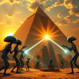 A group of extraterrestrial beings, with unique and vibrant features, working together to construct a massive pyramid in ancient Egypt