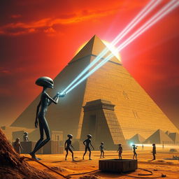 A group of extraterrestrial beings, with unique and vibrant features, working together to construct a massive pyramid in ancient Egypt