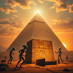 A group of extraterrestrial beings, with unique and vibrant features, working together to construct a massive pyramid in ancient Egypt