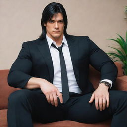 Anime style depiction of a large, muscular character similar to Nanami, sitting on a couch. He sports a mullet hairstyle and is dressed in a sleek black suit.