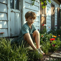 A melancholic young boy sitting on the side of a rustic house, his head resting on his knees, with a distant look in his eyes