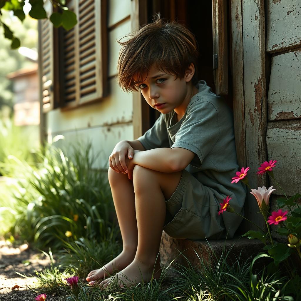 A melancholic young boy sitting on the side of a rustic house, his head resting on his knees, with a distant look in his eyes