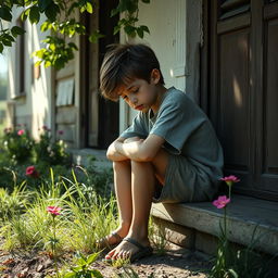 A melancholic young boy sitting on the side of a rustic house, his head resting on his knees, with a distant look in his eyes