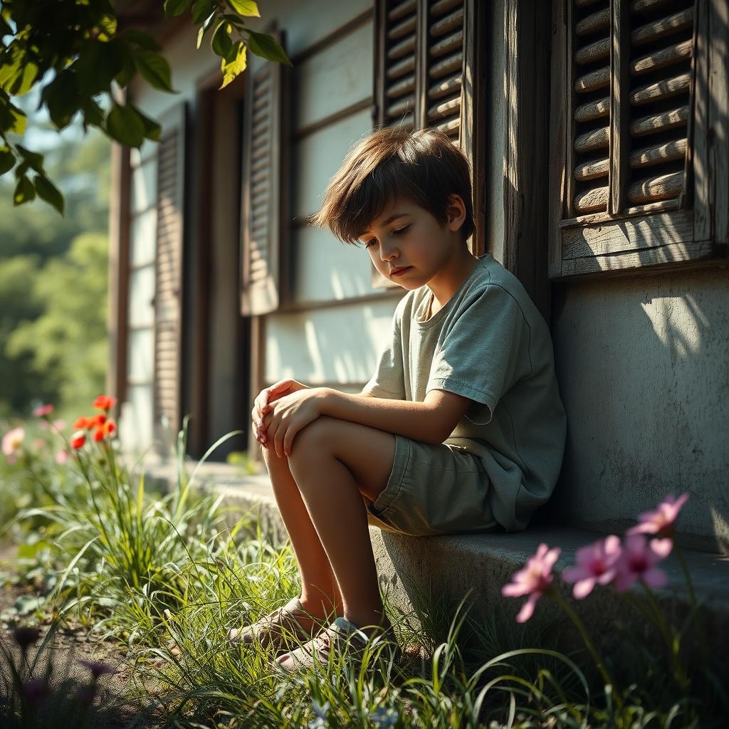 A melancholic young boy sitting on the side of a rustic house, his head resting on his knees, with a distant look in his eyes