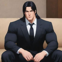 Anime style depiction of a large, muscular character similar to Nanami, sitting on a couch. He sports a mullet hairstyle and is dressed in a sleek black suit.