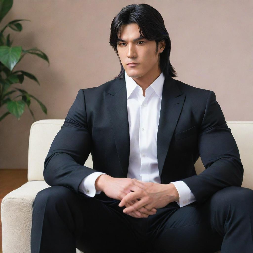 Anime style depiction of a large, muscular character similar to Nanami, sitting on a couch. He sports a mullet hairstyle and is dressed in a sleek black suit.