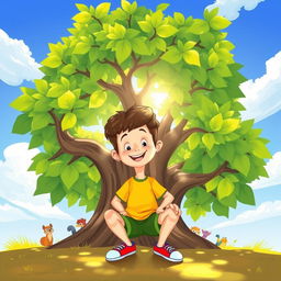 A cartoon scene featuring a young boy squatting under a large, beautifully drawn tree with vibrant green leaves