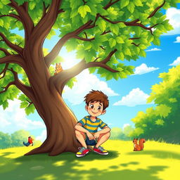 A cartoon scene featuring a young boy squatting under a large, beautifully drawn tree with vibrant green leaves