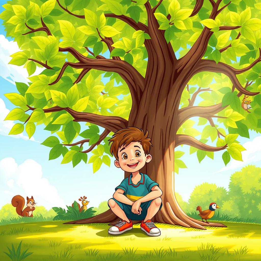 A cartoon scene featuring a young boy squatting under a large, beautifully drawn tree with vibrant green leaves