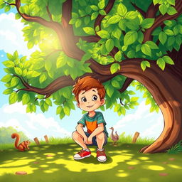 A cartoon scene featuring a young boy squatting under a large, beautifully drawn tree with vibrant green leaves