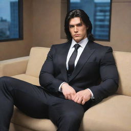 Anime style depiction of a large, muscular character similar to Nanami, sitting on a couch. He sports a mullet hairstyle and is dressed in a sleek black suit.