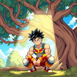 A cartoon scene in the popular 'My Hero Academia' style, featuring a muscular young man squatting under a large, stylized tree